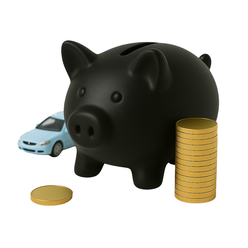 Sparschwein mit kleinem Auto und Münzen
